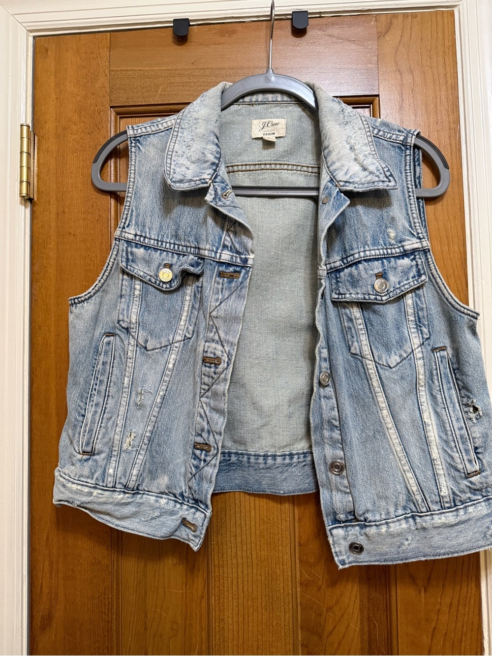 EUC j crew distressed denim cropped vest size large